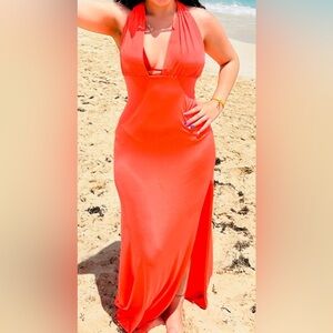 Fashion Nova Neon Pink-Orange V neck Backless Halter Maxi Dress- Size M